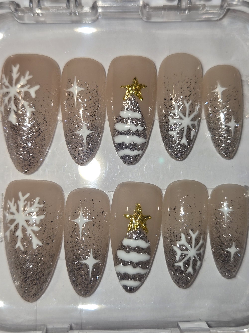 Hand Crafted Nude Beige Press-On Nails with White Snowflakes & Gold Stars